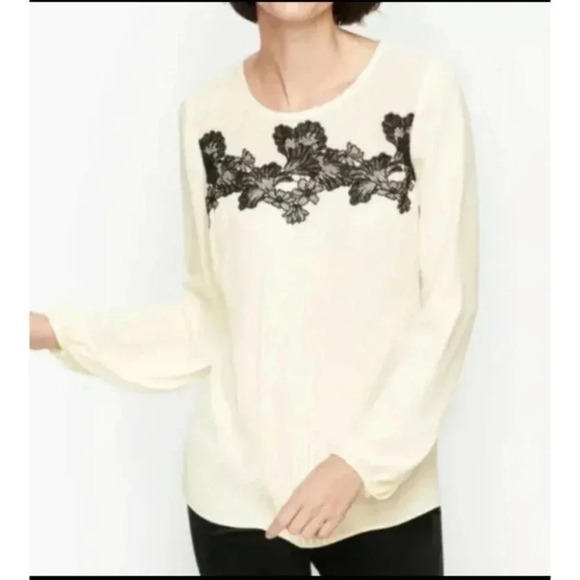 Talbots Petite Womens Floral Lace Pleated‎ Front Long Sleeve Blouse White XLP - Picture 1 of 6